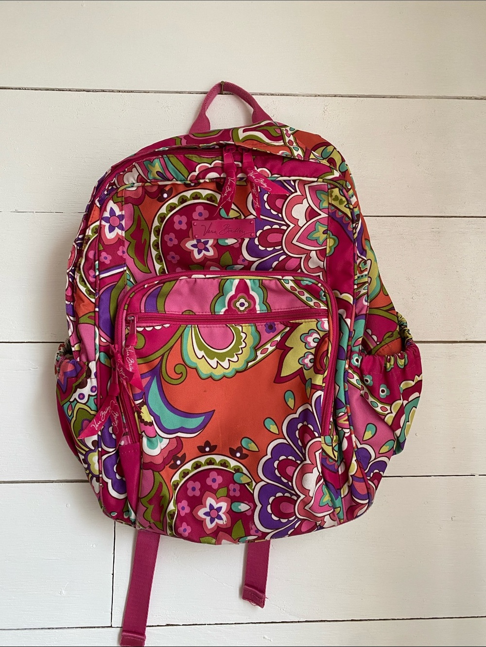 Vera Bradley Bright Floral Paisley Backpack in Pink, Orange & Green